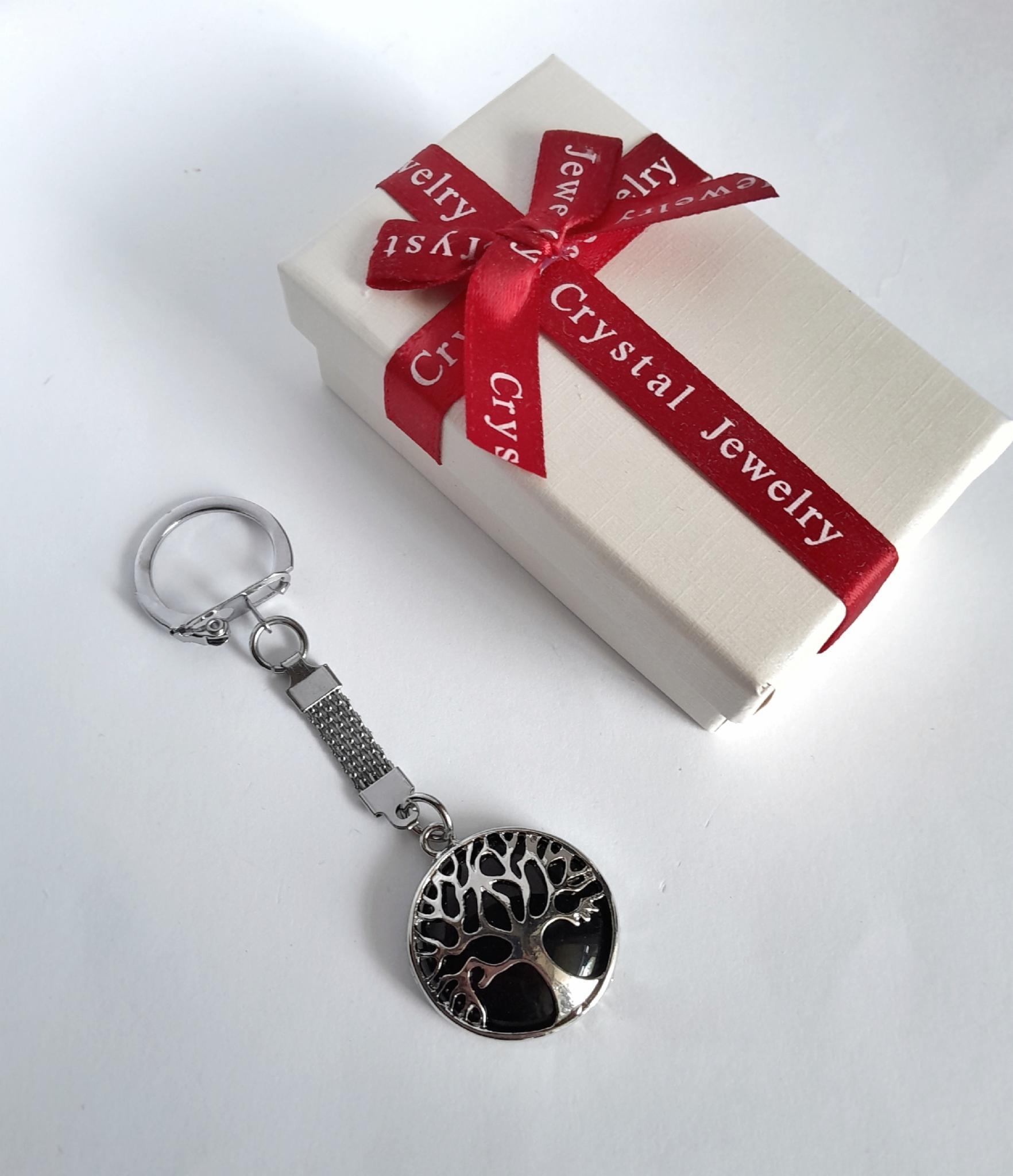 Брелок для ключей Кулон с натуральным камнем Дерево жизни из серебристой стали (12092)