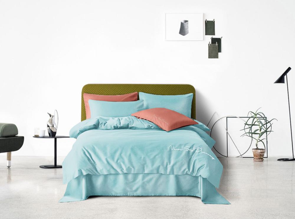 Комплект постельного белья Bella Villa однотонное с вышивкой евро сатин Т-0014 Светло-голубой (DR012651)