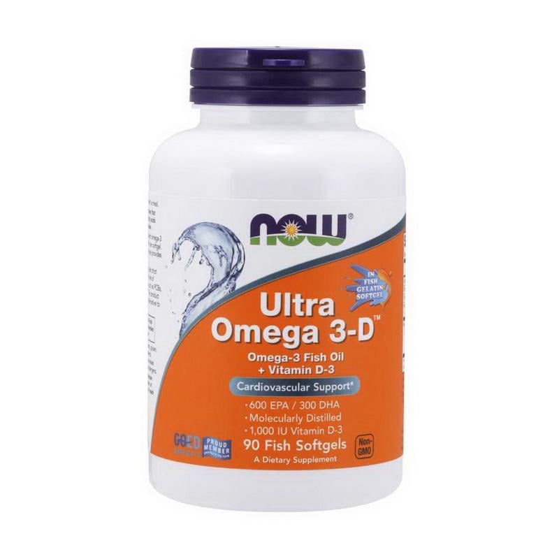 Омега-3 с D3 NOW Ultra Omega 3D EPA 600 мг DHA 300 мг D3 1000 МЕ из рыбьего желатина 90 мягких капс.