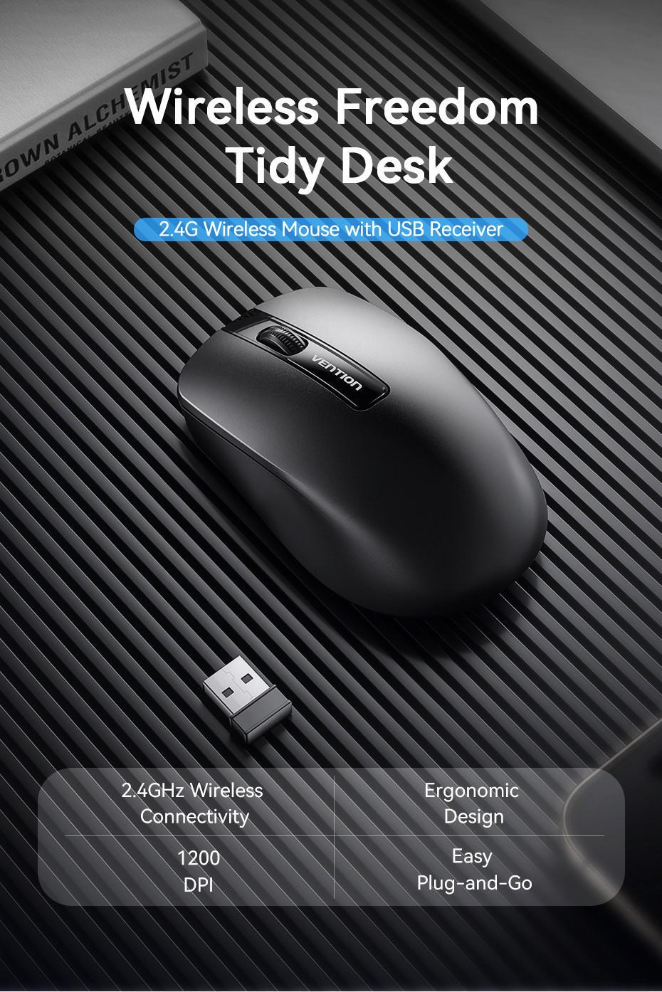 Миша комп'ютерна Vention 2.4G 1200DPI бездротова 3 кнопки USB-A Чорний (KTBB0) - фото 2 Миша комп'ютерна Vention 2.4G 1200DPI бездротова 3 кнопки USB-A Чорний (KTBB0) - фото 2