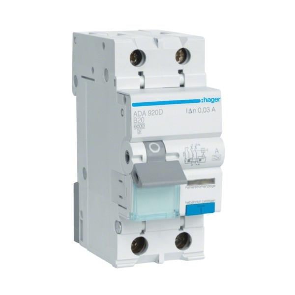 Дифавтомат Hager 2 полюса 6kA тип B 20A 30mA тип A ADA920D (74334)