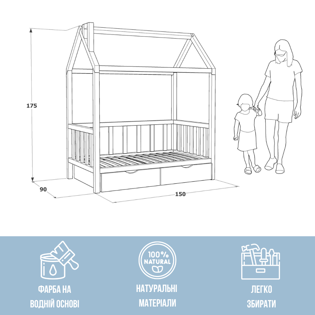 Детская кровать-домик RW Home с ящиками для белья из массива ольхи 140х80 см - фото 3
