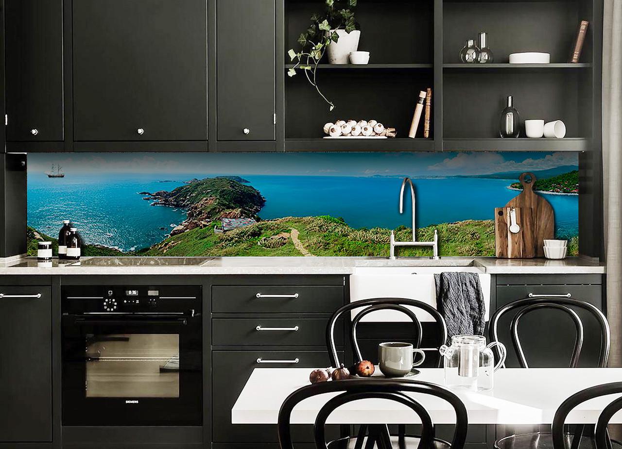 Кухонный фартук Зеленое побережье из самоклеющейся виниловой пленки 60х250 см Голубой