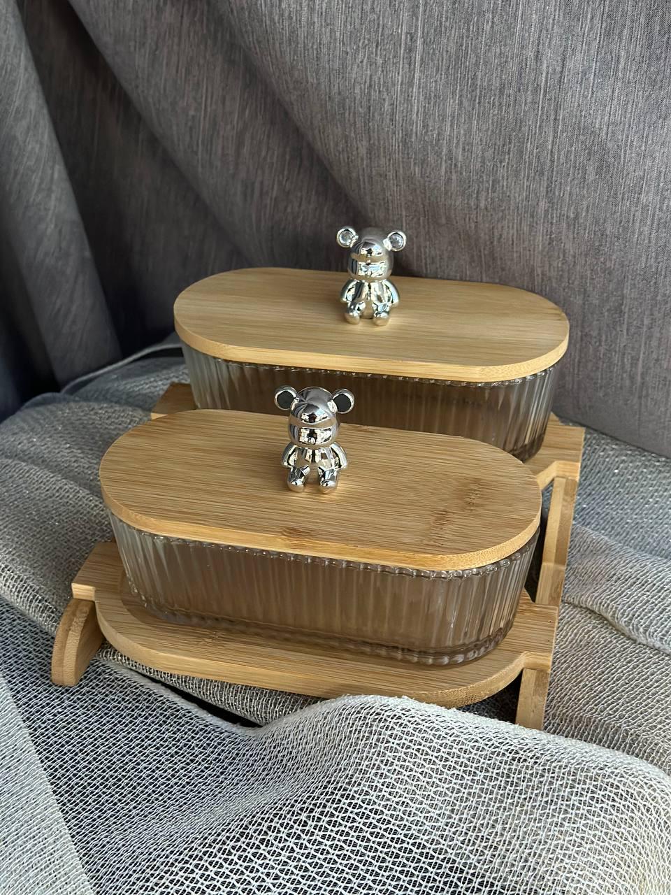 Набор емкостей для хранения OLens Два медведя стеклянные с бамбуковыми крышками на подставке 350 мл 3 пр. (102-625)