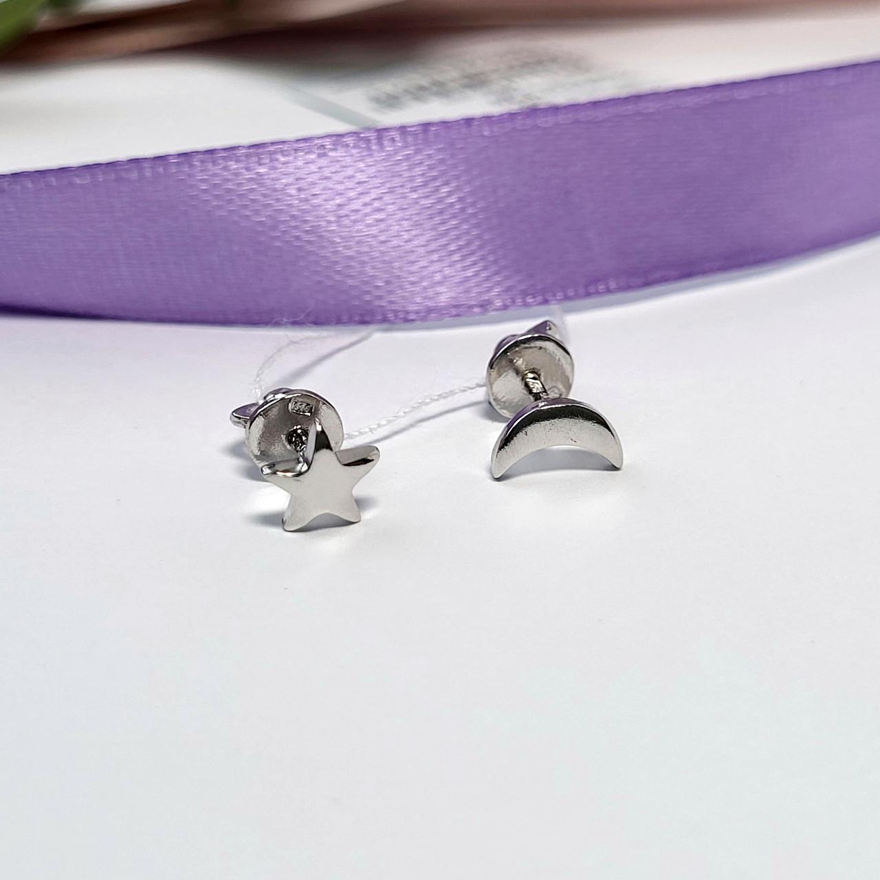 Серьги гвоздики на закрутках без камней звезда и луна серебро 925 пробы родированное 1,20 г (5416р)