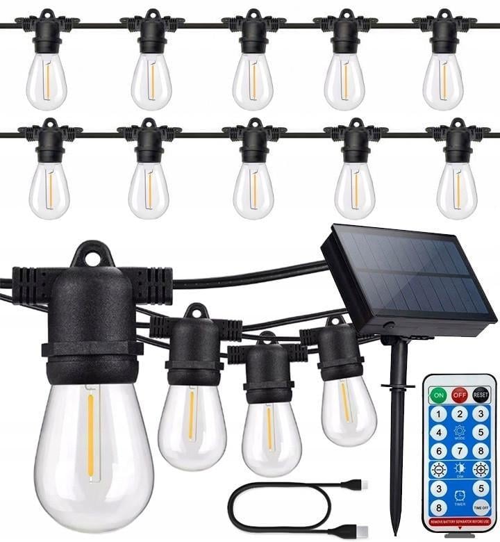 Гирлянда солнечная SuperLED Soli 15 м 15 сменных LED-лампочек E27 IP44 с пультом и зарядкой USB Теплый белый свет (5170)
