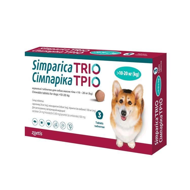 Таблетки Simparica Trio от блох/клещей и гельминтов для собак от 10-20 кг 3 шт.