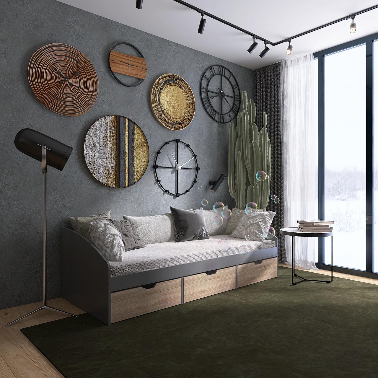 Кровать односпальная с ящиками Еверест Комфорт-3 сплошной щит Графитовый/Дуб сонома (е-20712)