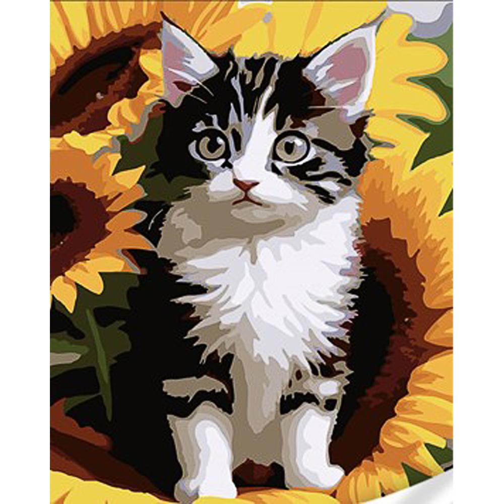 Картина за номерами Strateg Преміум Кошеня у соняшниках з лаком та з рівнем 30x40 см (Str-SS1131)