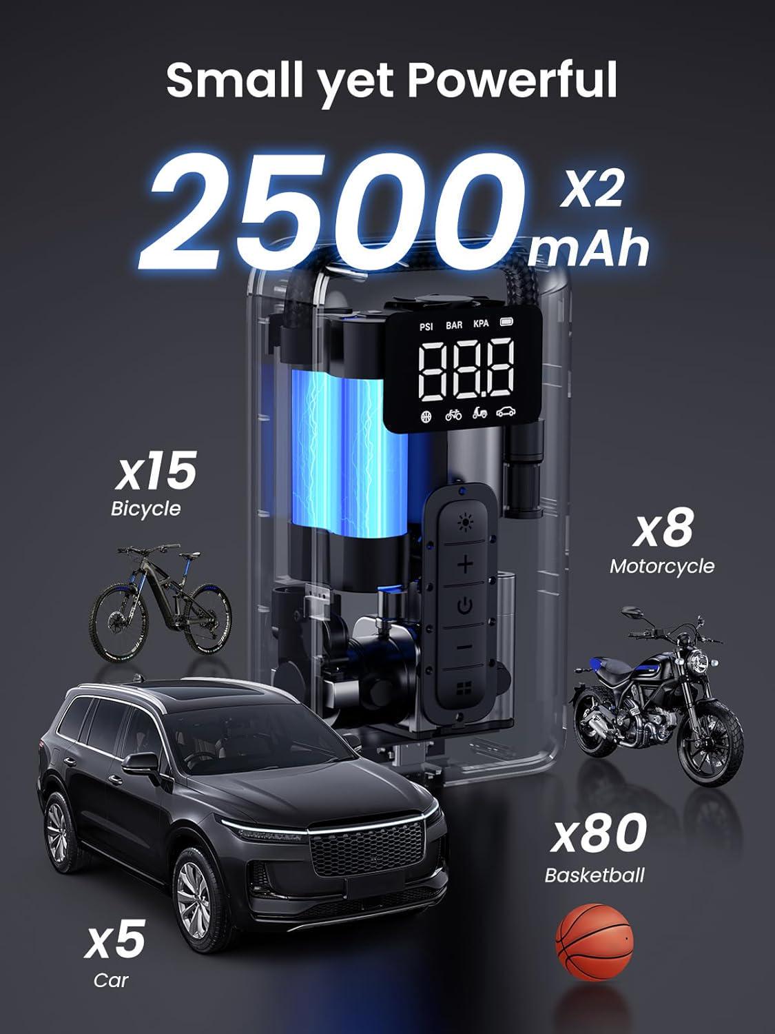 Насос автомобільний бездротовий UGREEN 150PSI з автоматичним вимкненням 2X 2500mAh Чорний (15951) - фото 7