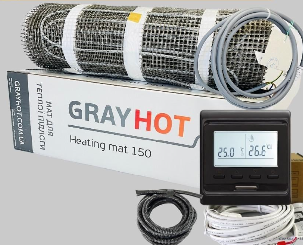 Нагревательный мат GrayHot 150 Вт/м2 10,2 м2 с програмируемым термостатом Черный (50487)