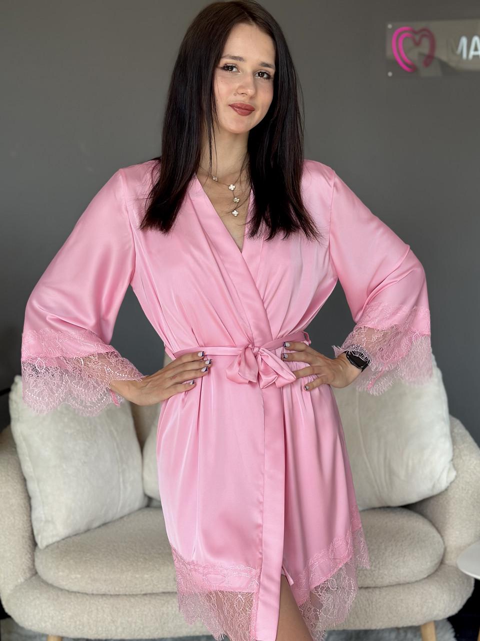 Халат женский шелковый с кружевом 2XL Розовый (2694797940) - фото 3 Халат женский шелковый с кружевом 2XL Розовый (2694797940) - фото 3