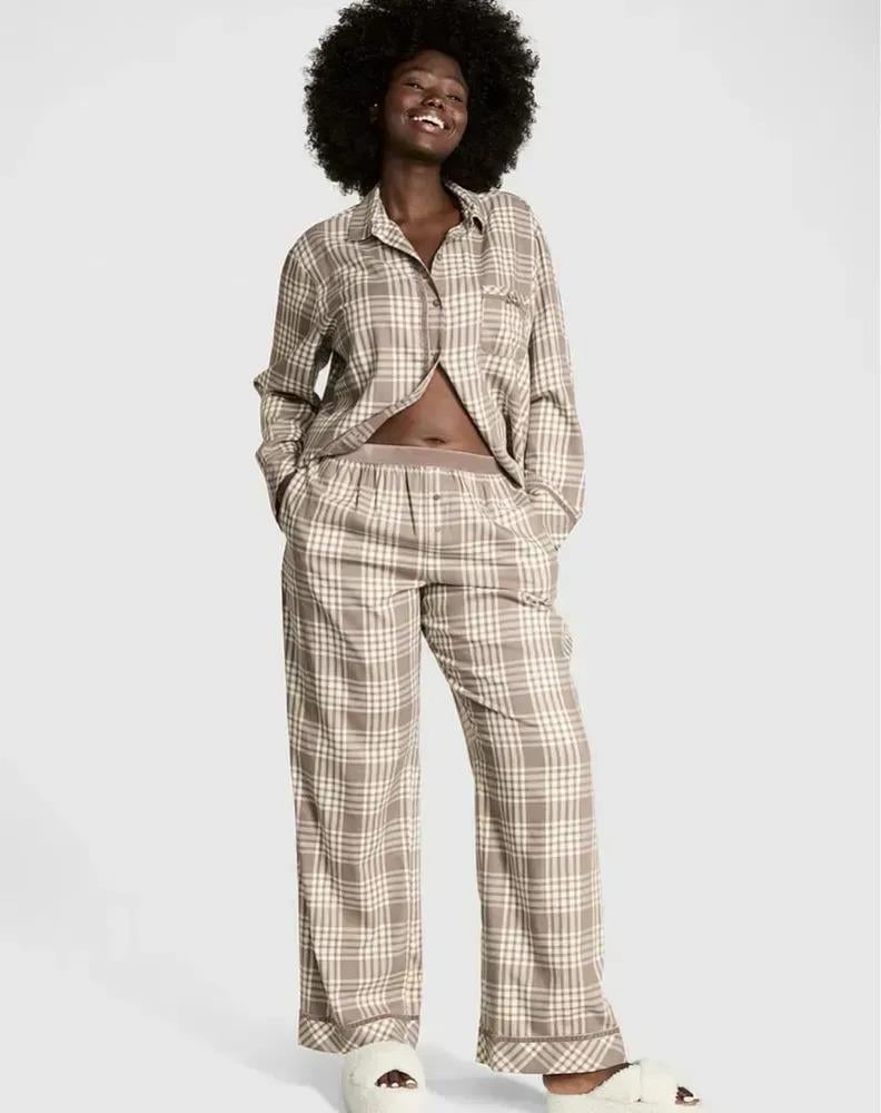 Піжама фланель сорочка/штани Victoria's Secret & PINK Long Pajama Set Regular S Бежевий (2681256D) - фото 2