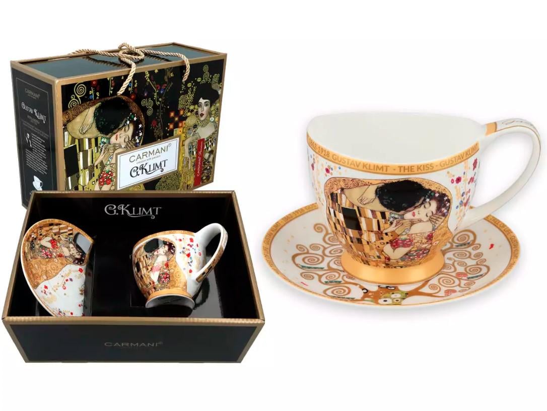 Чашка порцелянова з блюдцем Carmani Г. Клімт Поцілунок білий фон 350 мл (532-3052)