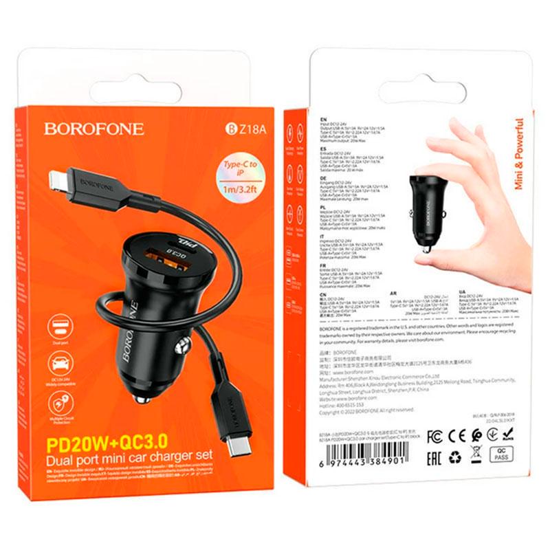 Автомобильное зарядное устройство Borofone BZ18A PD20WQC3.0 3A Cable Type-C to Lightning Black (61396-0616) - фото 2