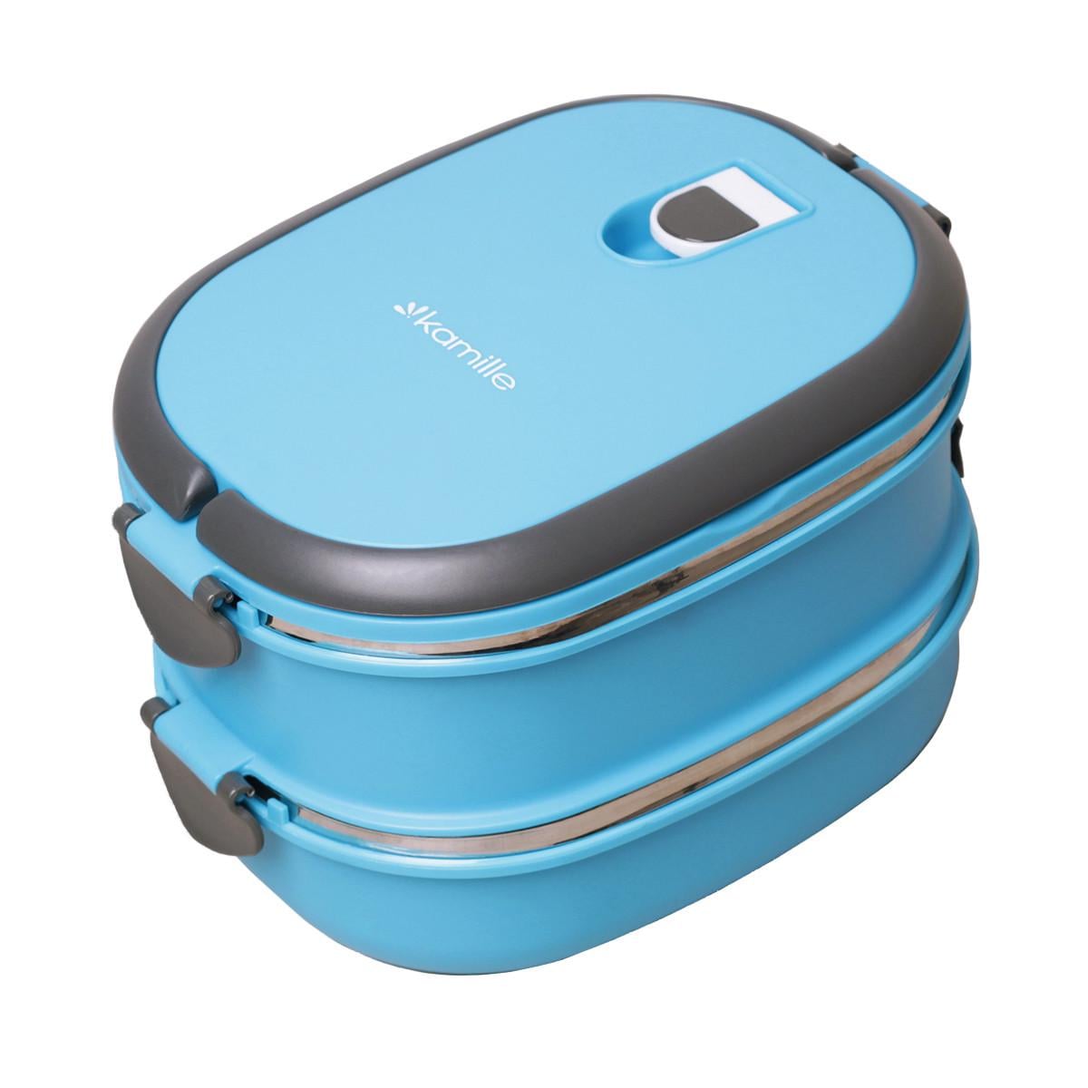 Ланч-бокс двойной Kamille KM-2109 из пластика и нержавеющей стали с ручками 1800 мл Голубой (124-84-2109GL)