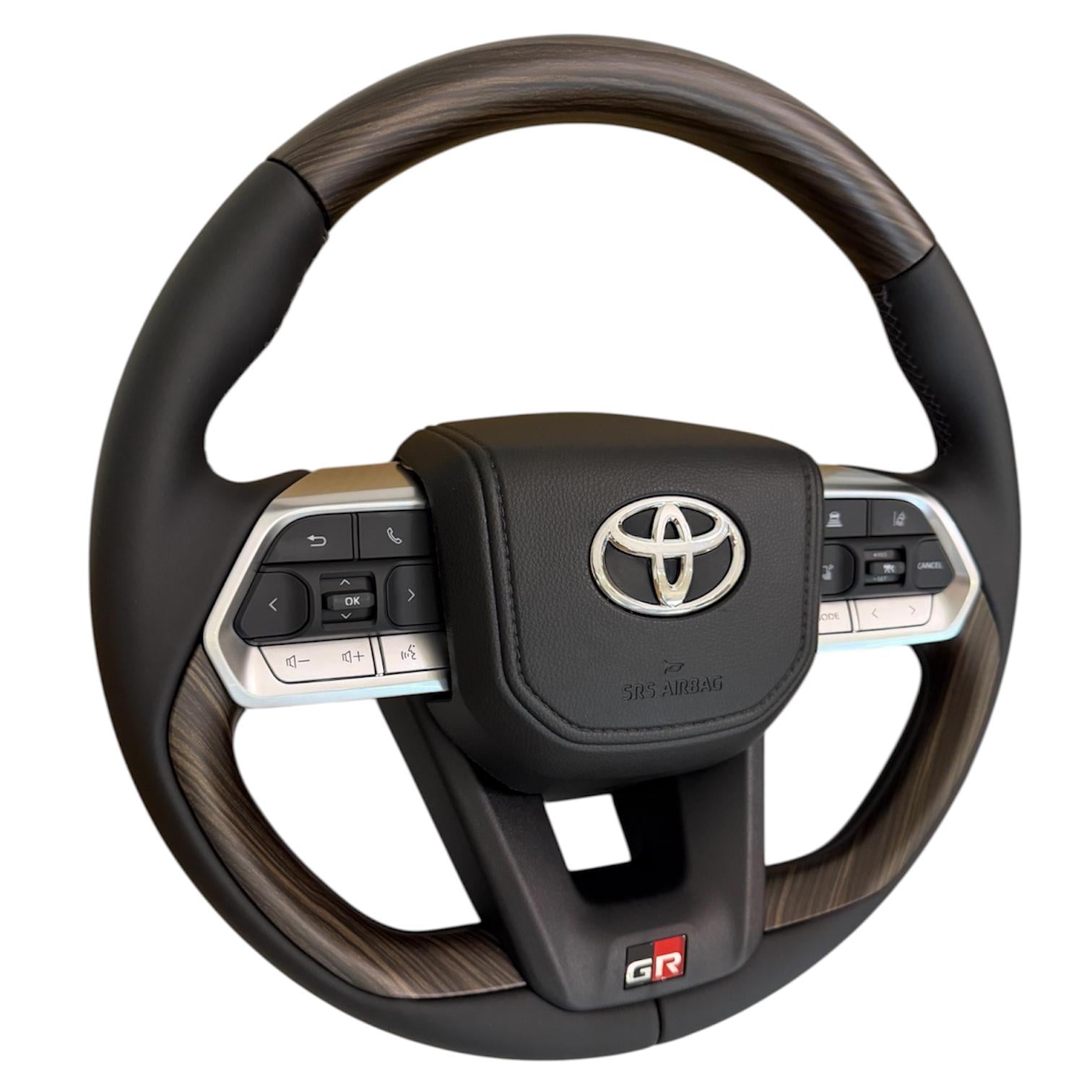 Руль для Toyota Land Cruiser 200/Prado 150 в стиле LC300 GR с подогревом кнопки и логотип хром Коричневое дерево (33665804)
