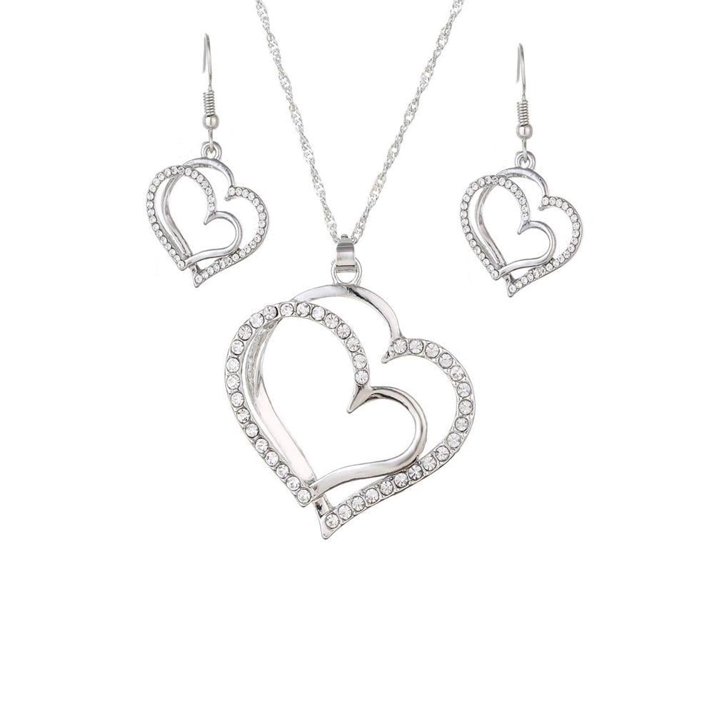 Цепочка с кулоном и серьги Сердце двойное со стразами Серебристый