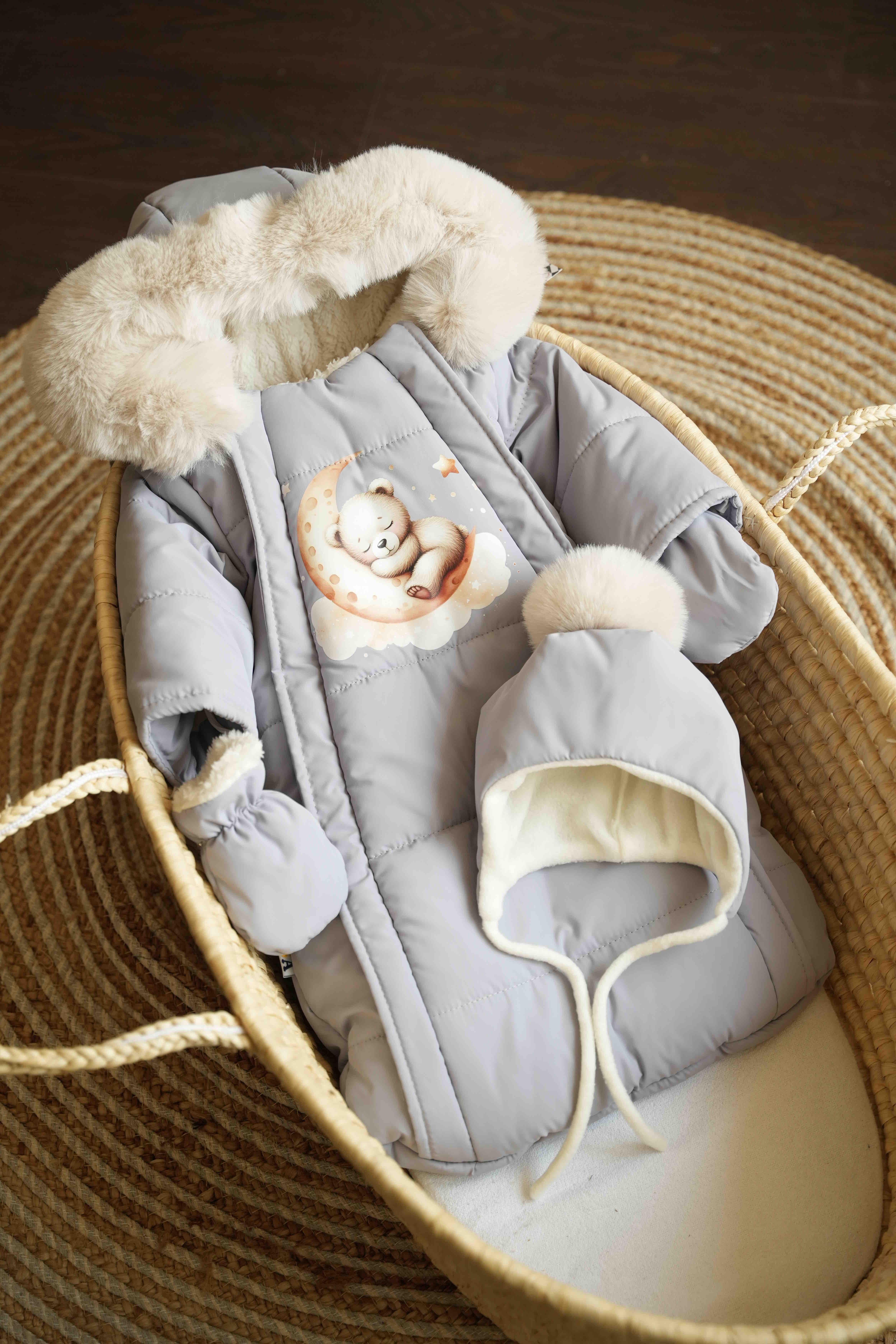 Комбинезон-мешочек с шапочкой на выписку зимний 0-6 мес. Серый (9056)