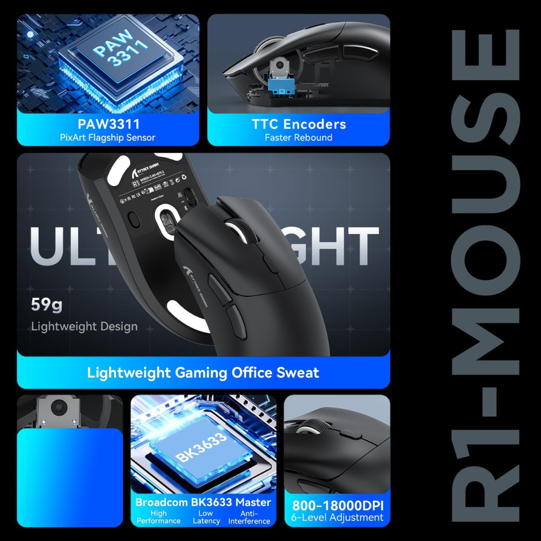 Мышка игровая беспроводная attack shark R1 PAW3311 18K DPI 59 г 2,4 ГГц/BT/проводная для Win/Mac Black (2552380864) - фото 5 Мышка игровая беспроводная attack shark R1 PAW3311 18K DPI 59 г 2,4 ГГц/BT/проводная для Win/Mac Black (2552380864) - фото 5