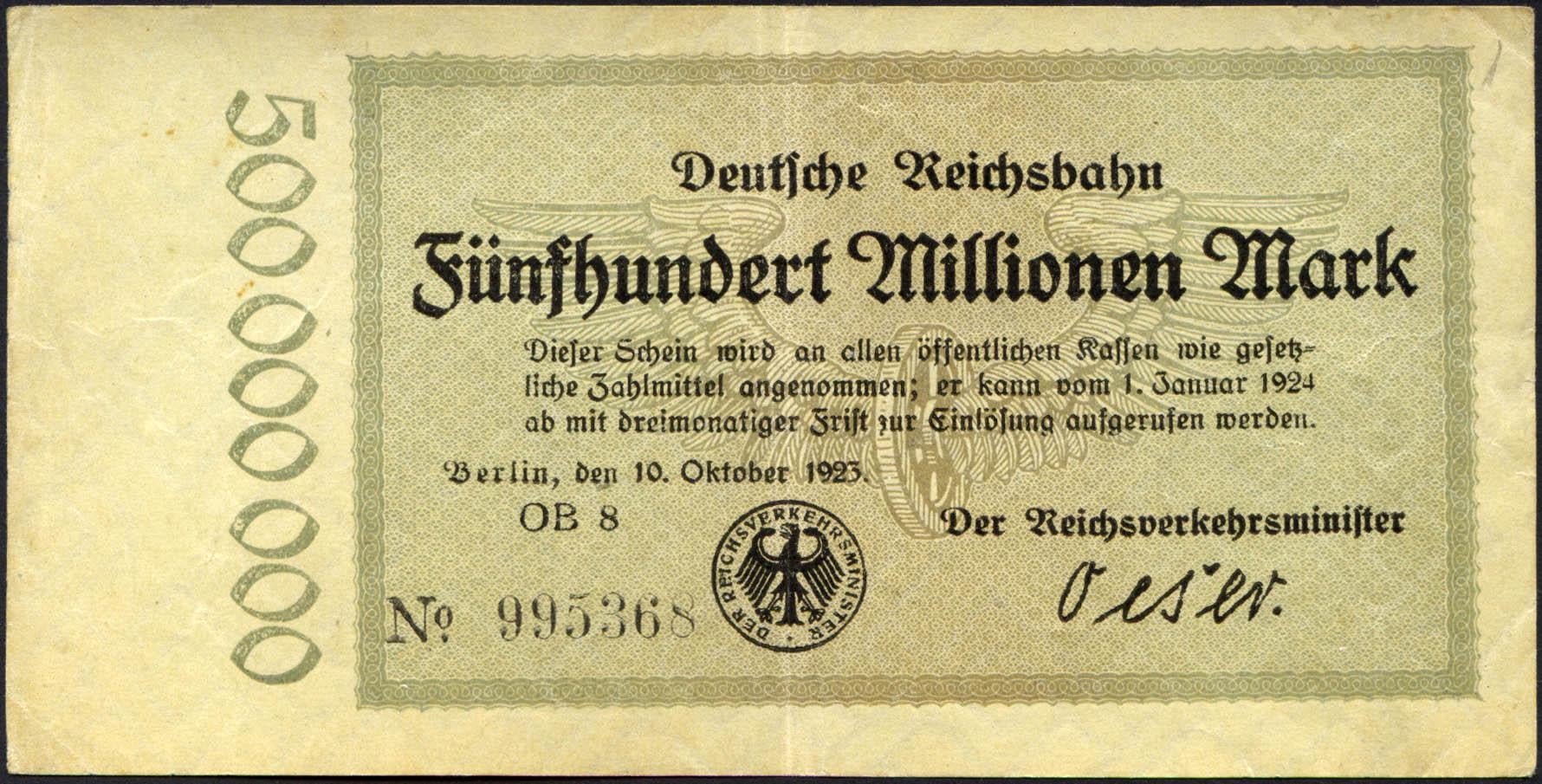 Коллекционная банкнота Германия 1923 Reichsbahn 500 000 000 марок 500 миллионов PS1019 XF