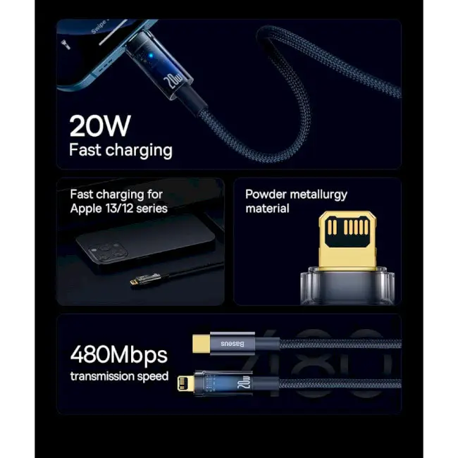 Кабель BASEUS Explorer Series Auto Power-Off Fast Charging Cable Type-C to Lightning CATS000103 20W 2 м Blue - фото 8