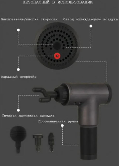 Массажер для тела Fascial Gun вибрационный на 4 насадки Серый (KH-322) - фото 9