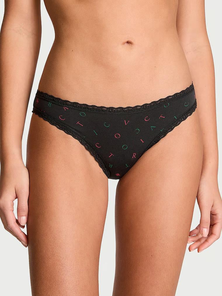 Трусики Victoria's Secret Logo Cotton Lace-Waist Bikini Panty S Черный (26931867)