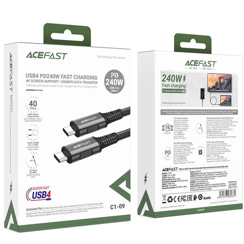 Дата кабель Acefast C1-09 USB-C to USB-C PD240W 40G bps USB 4 aluminum alloy 1 м Black/Gray (00000066773_1) - фото 4 Дата кабель Acefast C1-09 USB-C to USB-C PD240W 40G bps USB 4 aluminum alloy 1 м Black/Gray (00000066773_1) - фото 4