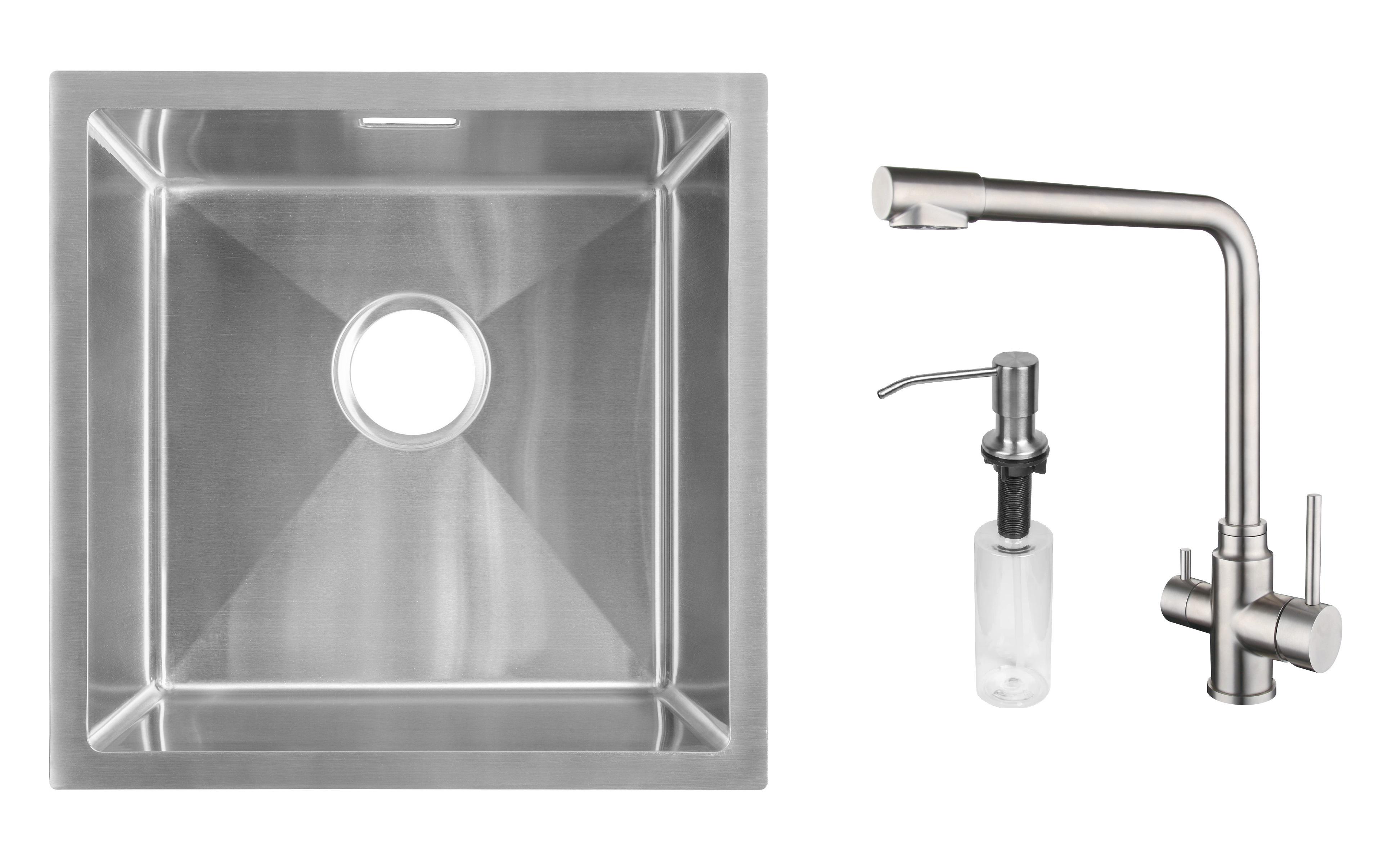 Комплект из кухонной мойки Gunter&Hauer Olef 4522 Inox кухонного смесителя Gunter&Hauer LUFT Br и дозатора Gunter&Hauer SOAP DISPENSER Inox