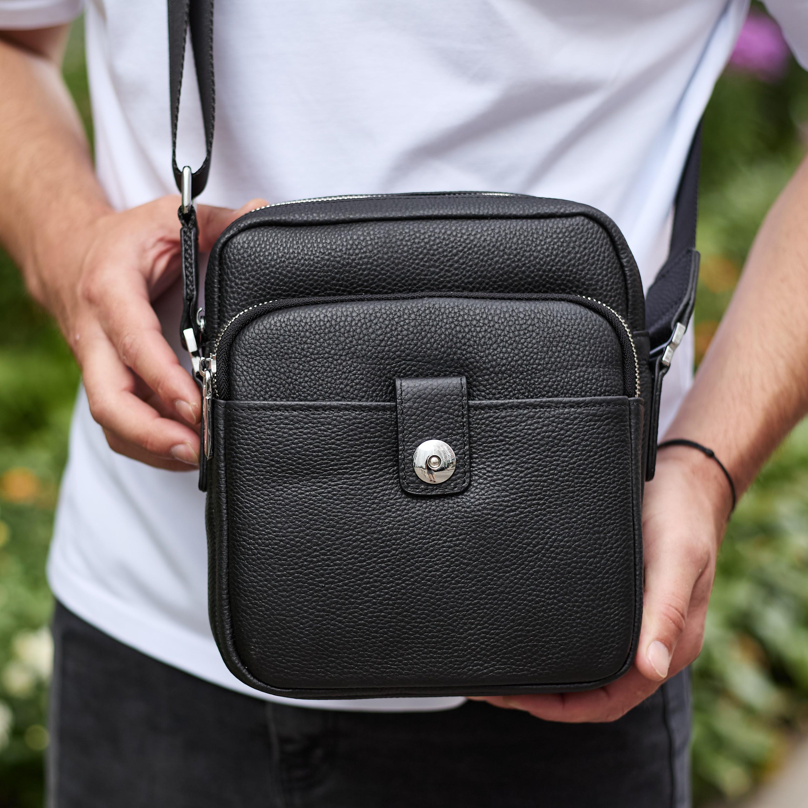 Барсетка мужская Tiding Bag кожаная с регулировкой ремня 24х20х8 см Черный (33999)