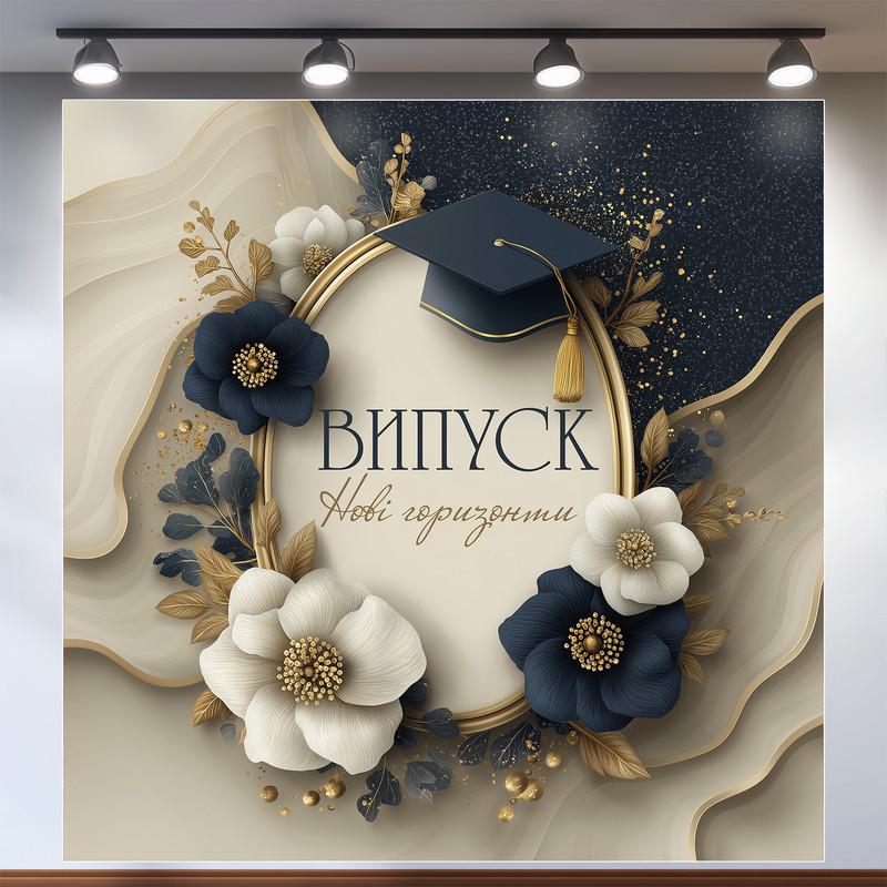 Баннер для фотозоны "Випуск Нові горизонти" с темно-синими и белыми цветами в рамке 160x160 см №41075 Баннер для фотозоны "Випуск Нові горизонти" с темно-синими и белыми цветами в рамке 160x160 см №41075