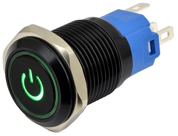 Кнопка металлическая АСКО TYD 16 1CO 16 мм 5A с подсветкой зеленый LED 230V с фиксацией Черный (A0140010301)