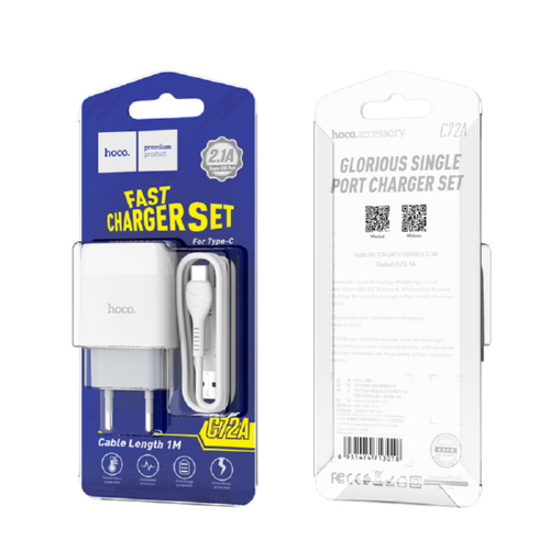 Адаптер сетевой Hoco Type-C Cable Glorious C72A 1USB 2,1A White (547376) - фото 2