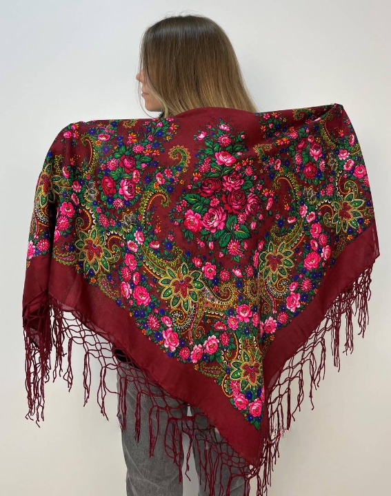 Платок Розы 120х120 см Бордовый (29434534)