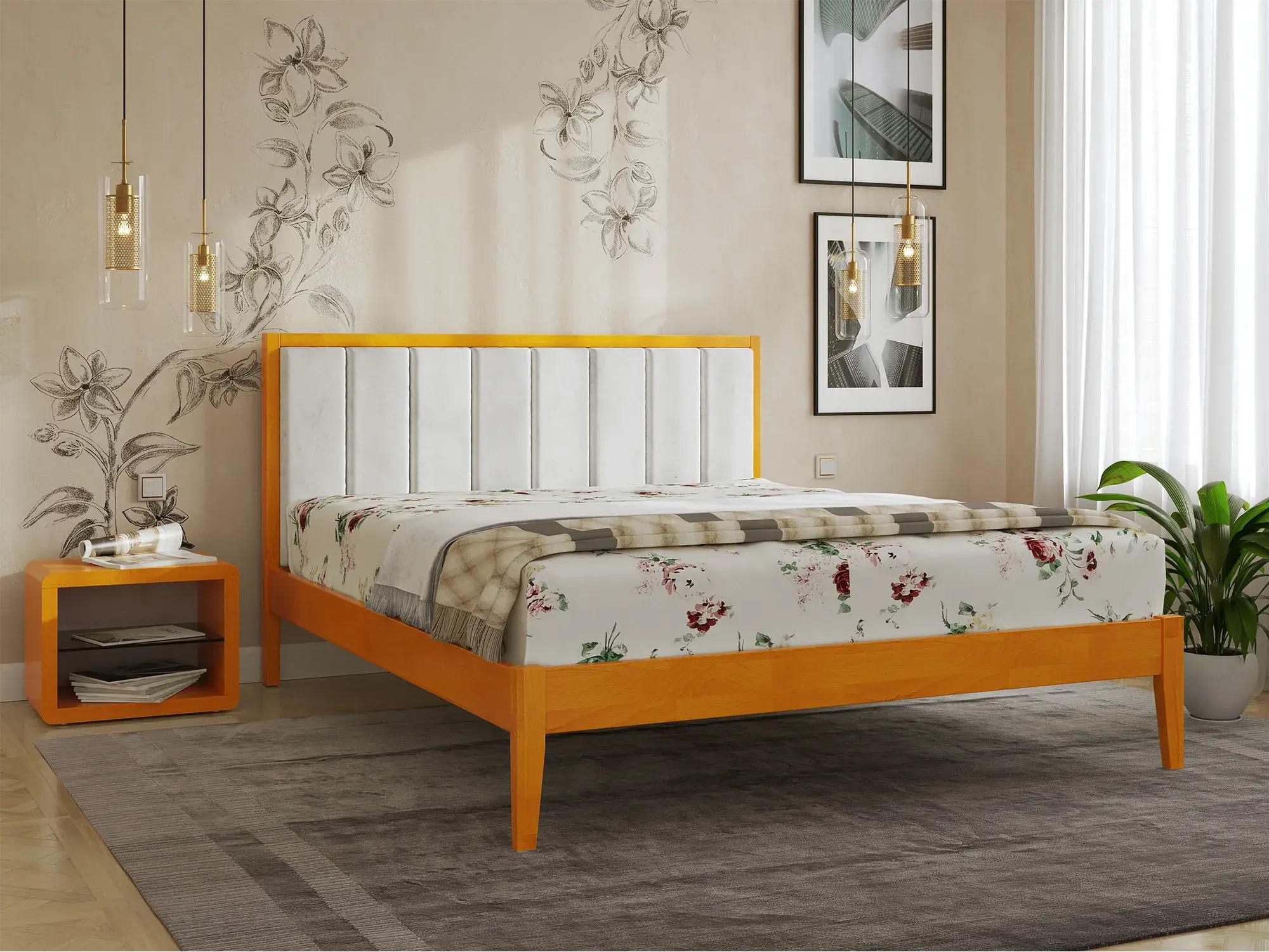 Кровать двуспальная Arbor Drev Грация Премиум из натурального дерева сосна/текстиль 180х200 см Ольха/Белый (51320)