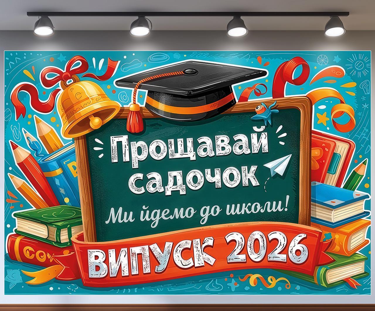 Баннер для фотозоны "Прощавай садок Ми йдемо до школи Випуск 2026" доска и звонок 300x200 см