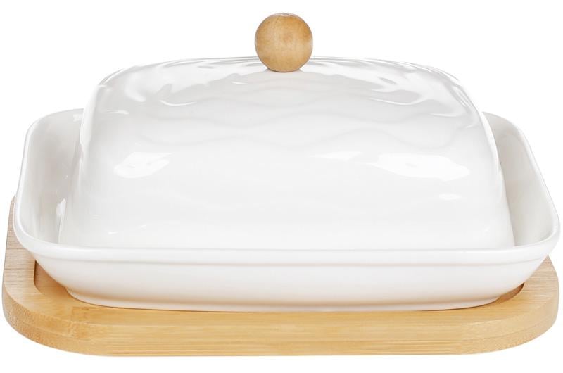 Масленка фарфоровая Nouvelle Home Волна 16,5х12,5х9,5 см на бамбуковой подставке (BD-375-392)