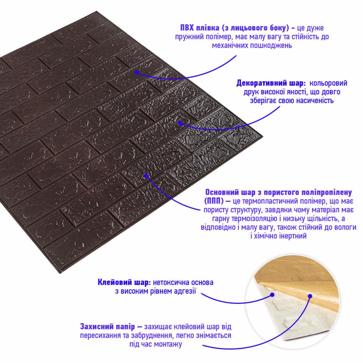 3D-панель Цегла самоклеюча 700х770х3 мм Чорний шоколад (018-3) - фото 2