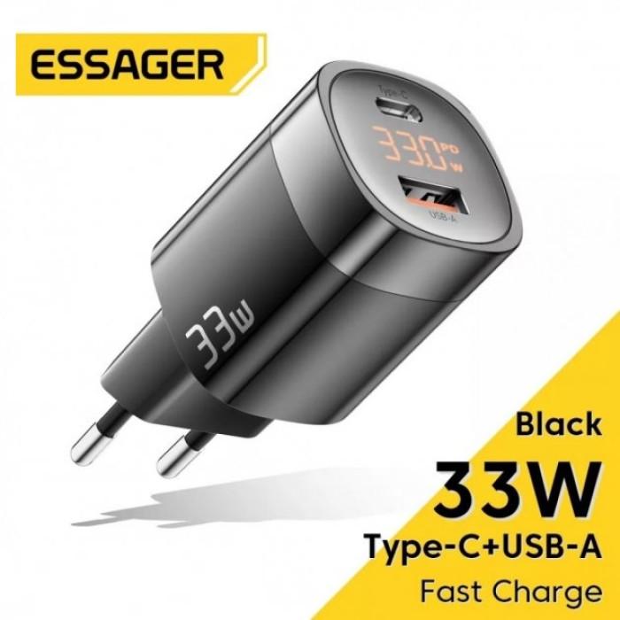 Зарядний пристрій Essager GaN III PD з швидкою зарядкою і дисплеєм QC 3.0 USB/Type-C 33 W Black (101348360 - фото 2