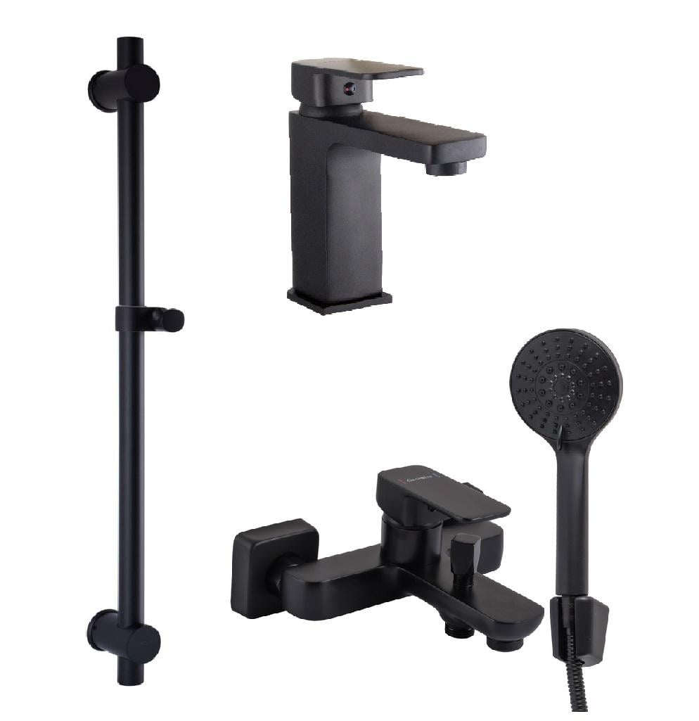 Комплект смесителей Globus Lux Milano для ванной 3в1 умывальник/ванная/душевая стойка с ручным душем Черный (2844823316)