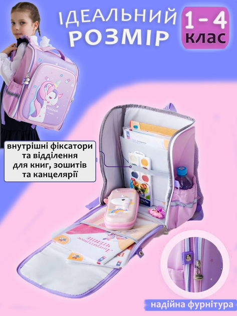 Рюкзак школьный детский ортопедический для девочки 3D Единорог 1-4 класс и школьный пенал Розовый - фото 9 Рюкзак школьный детский ортопедический для девочки 3D Единорог 1-4 класс и школьный пенал Розовый - фото 9
