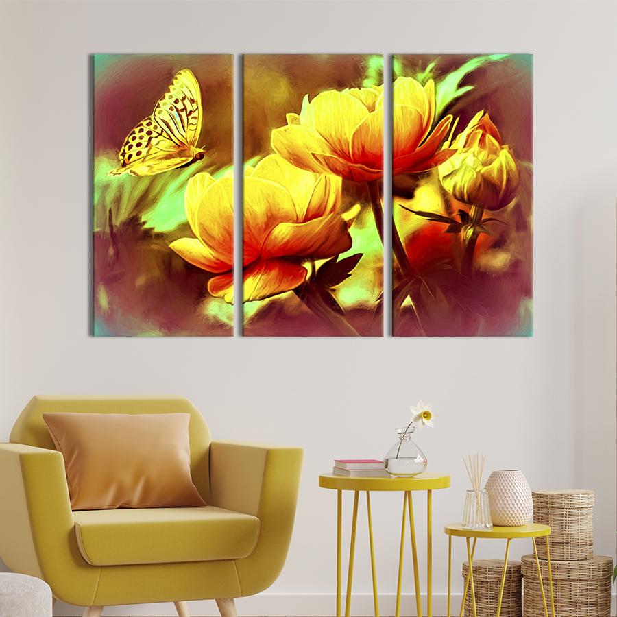 Картина на холсте триптих Пышные жёлтые тюльпаны 128x81 см (788-31)