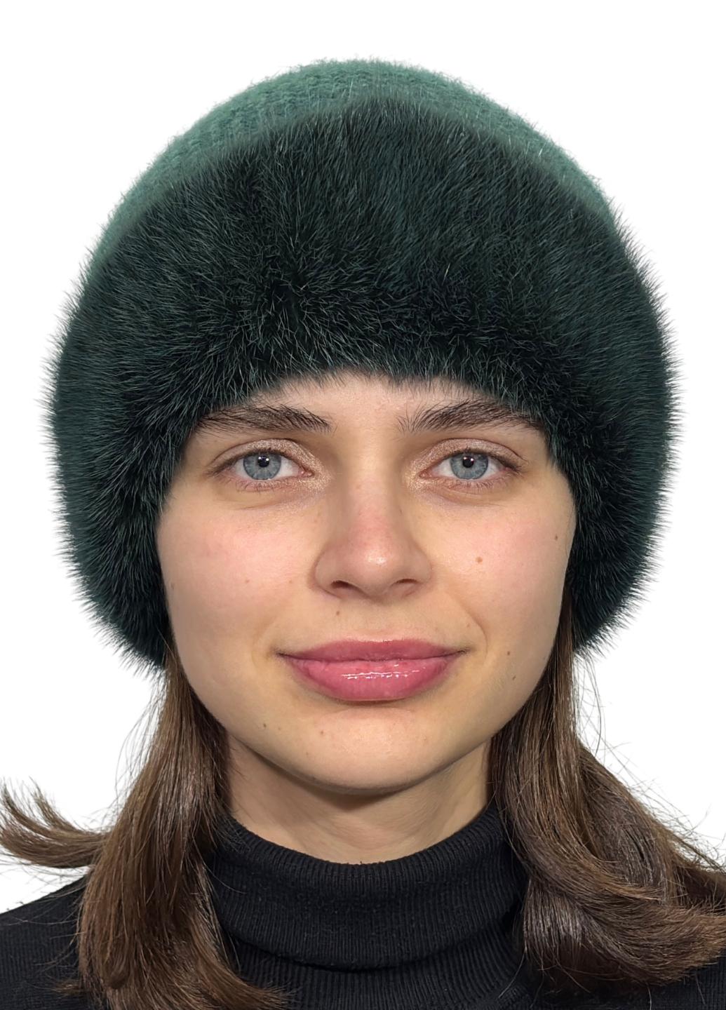 Зимняя женская шапка Меховой стиль Соты из вязаной натуральной норки XL-XXL Изумруд (130/N)