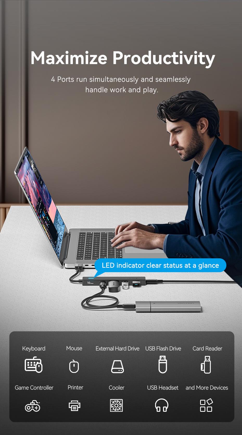 USB-хаб Vention USB-2x USB-A 3.2 Gen2 10 Гбіт/с 2x USB-C 3.2 Gen2 10 Гбіт/с Type-C 10Вт USB-A Чорний (CHSBB) - фото 5