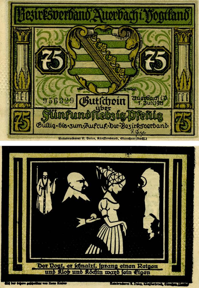 Коллекционная банкнота Германия Нотгельд 75 пфеннигов 1921 F-VF Ауэрбах Разновидность 1 (Б18618)