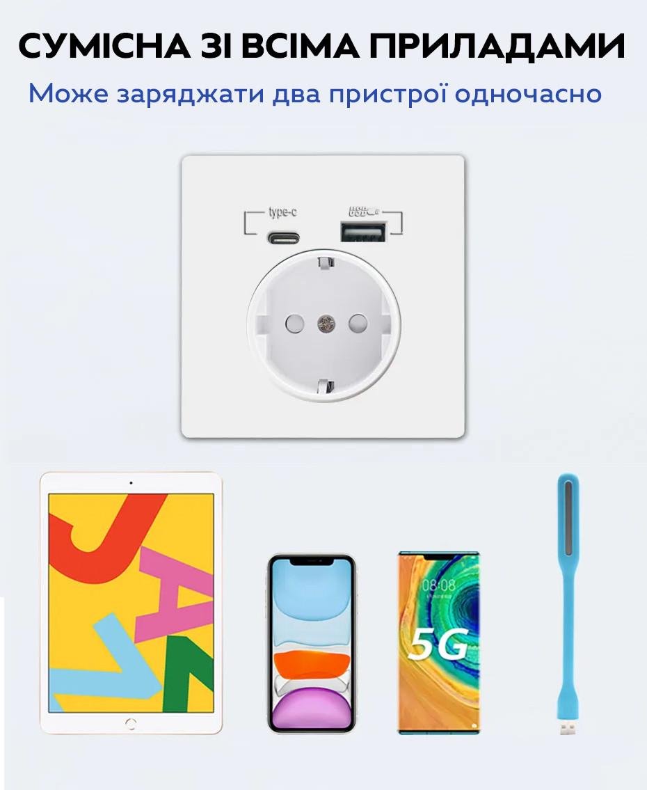 Настенная розетка WallPad WP-1 Type-C/USB с подсветкой 86x86 см White (3_06863) - фото 3 Настенная розетка WallPad WP-1 Type-C/USB с подсветкой 86x86 см White (3_06863) - фото 3