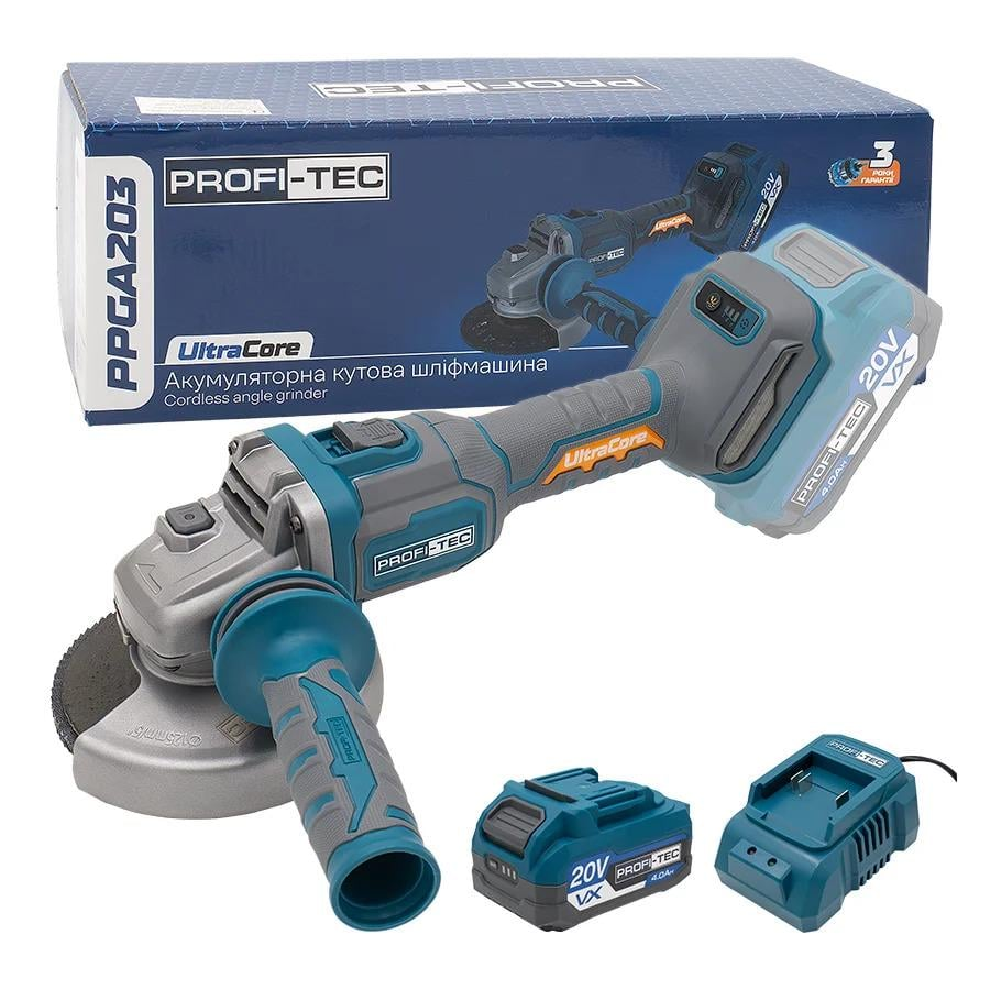 Болгарка аккумуляторная PROFI-TEC PPGA203 UltraCore угловая с бесщеточным двигателем Серый (GR-06503)