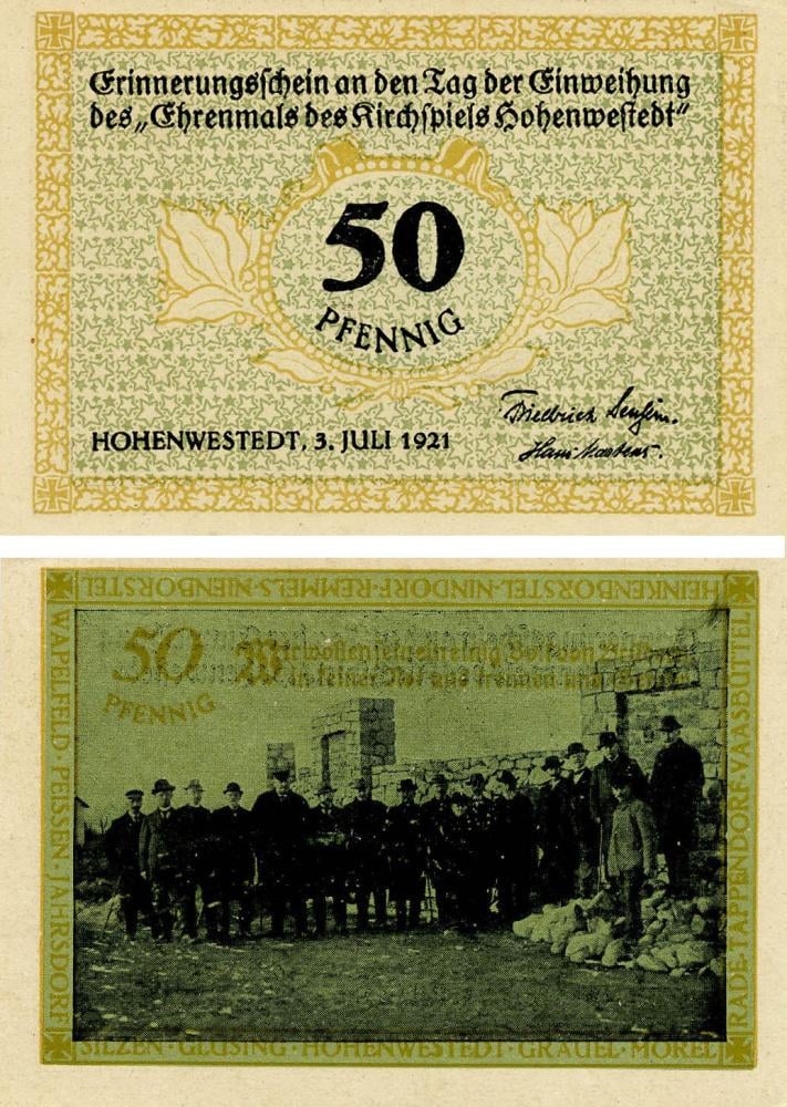 Коллекционная банкнота Германия Нотгельд 50 пфеннигов 1921 F-VF Хоэнвештедт (Б18639)