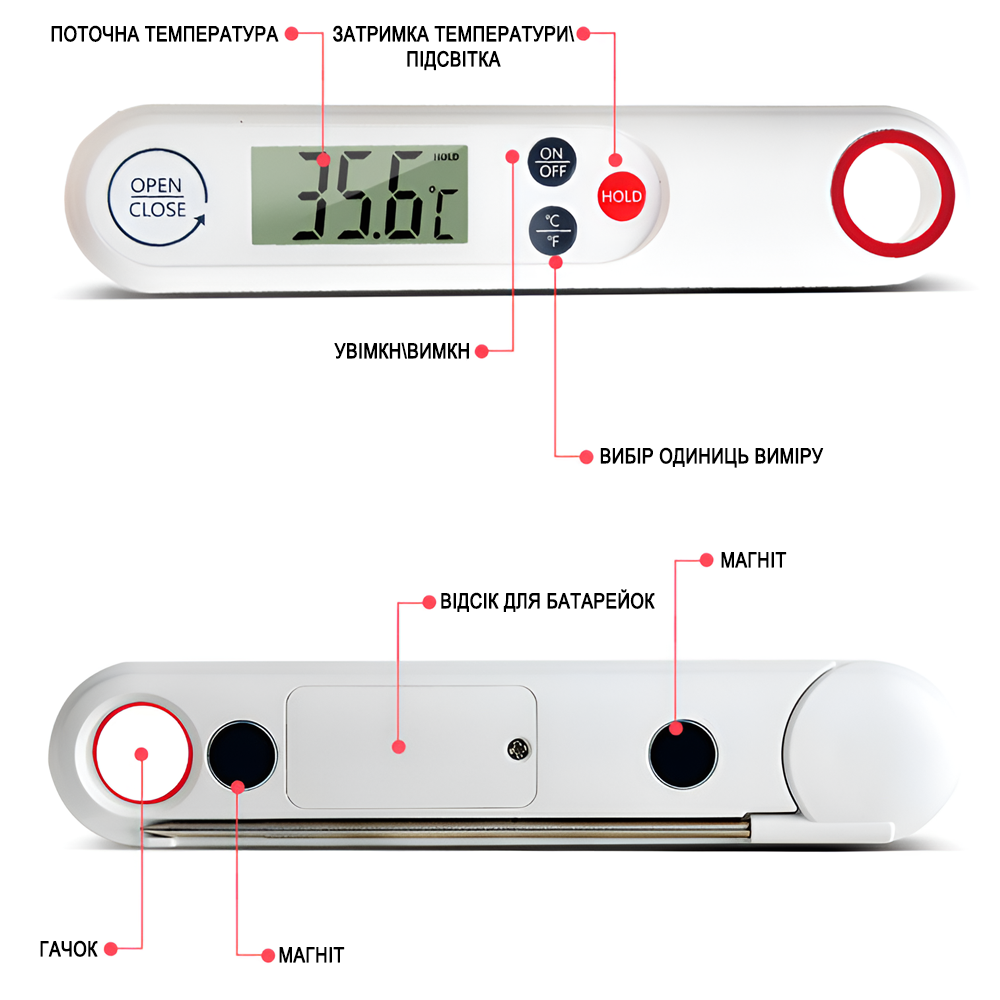 Термометр с магнитом кухонный UChef YZ6014 со складным зондом Белый (1287) - фото 10